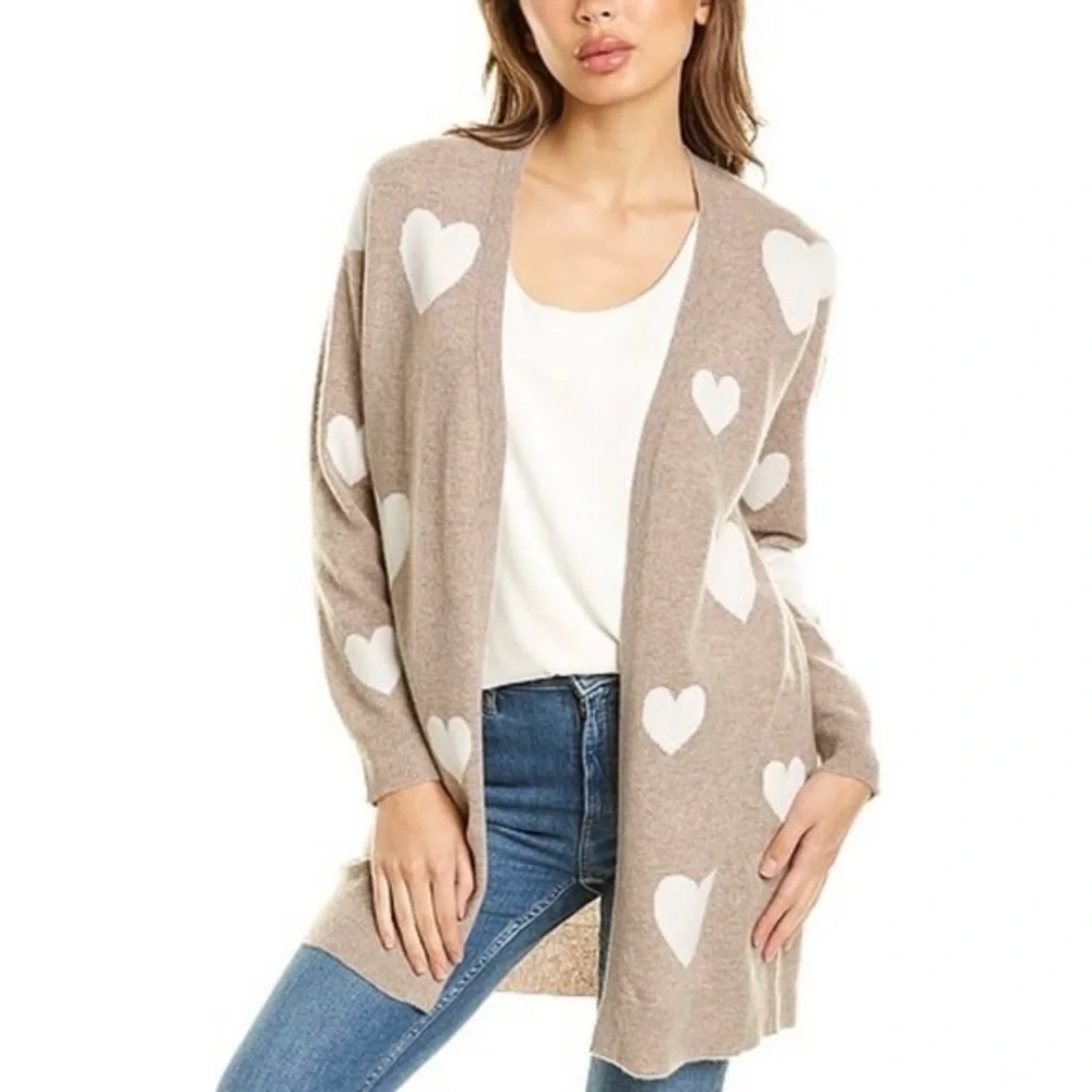 MAGASCHONI Heart Open Front Cashmere Cardigan in Pebble Heather/Frost White Sz M - Picture 1 of 9